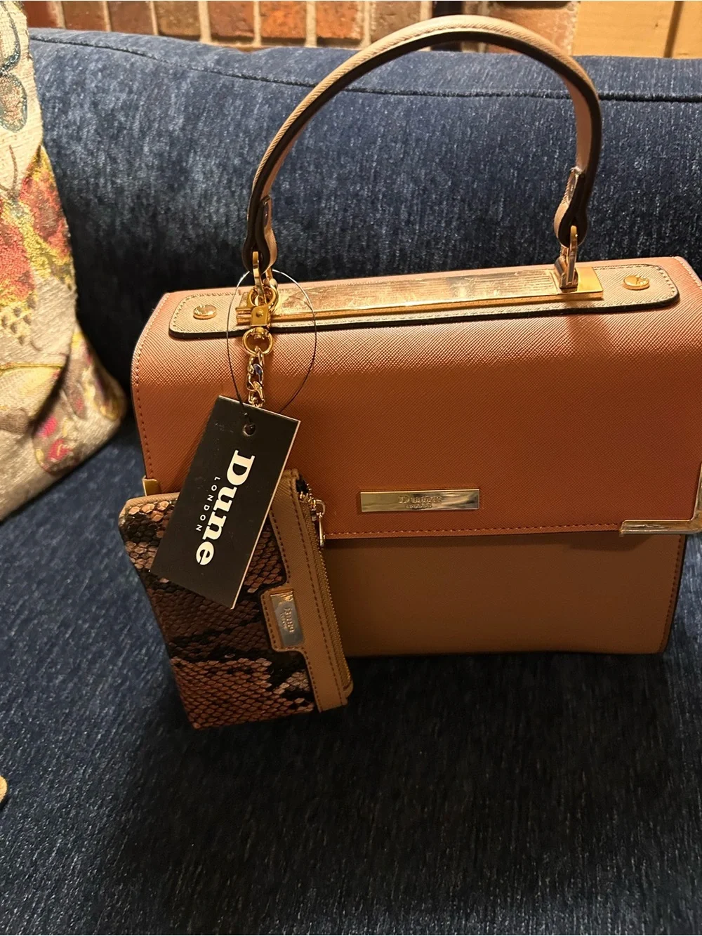 Dune London Two-Tone Tan Top-Handle Satchel with Snake-Print Wallet